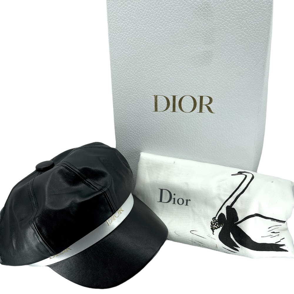 Dior Hat! French Leather Newsboy Cap Black with Dior Strap